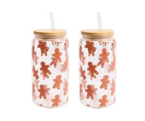 OHS Gingerbread Glass Cups with Lids and Straws Plastic Cups 2 Pack, Multi | Christmas Style Clear Drinking Glasses with Bamboo Lids Iced Coffee Cups Glass Tumblers for Smoothie Soda Beer Cocktail