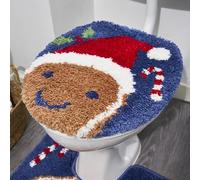 OHS Gingerbread Toilet Mat & Matching Toilet Lid Seat Cover 2 Piece, Non Slip Backing U-Shaped Pedestal Mat for Toilets Christmas Decor Soft Fluffy Washable Bathroom Rug, Navy