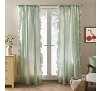 Ohs Gingham Frill Voile Net Curtain Pair Window Panels Slot Top Set - Sage