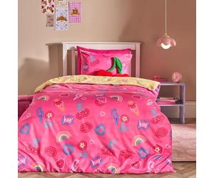 OHS Girls Bedding Double Duvet Set, Super Soft Cosy Warm Microfibre Polyester Neon Lights Kids Bedding Double Quilt Cover Reversible Neon Hearts Kids Duvet Set with Pillowcases, Magenta