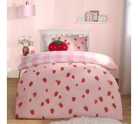OHS Girls Single Duver Cover Set Strawberry Print, Kids Single Bedding Covers Bed Set with Pillowcases Super Soft Microfibre Gingham Check Luxury Decorative, Pink