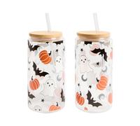 OHS Glass Cups with Lids and Straws Ghost Bat Plastic Cups 2 Pack, Multi