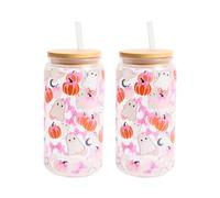 OHS Glass Cups with Lids and Straws Ghost Bow Plastic Cups 2 Pack, Multi | Pumpkin Halloween Style Clear Drinking Glasses with Bamboo Lids Iced Coffee Cups Glass Tumblers for Smoothie Soda Beer