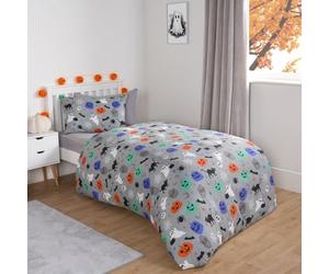 OHS Halloween Bedding Double, Super Soft Comfy Warm Stylish Pumpkin Ghouls Theme Double Duvet Set for Girls Boys Halloween Duvet Cover with Pillowcases, Grey