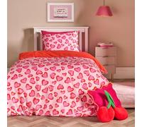 OHS Heart Leopard Bedding Single, Gifts for Girls Super Soft Cosy Warm Microfibre Polyester Girls Single Duvet Cover Set Reversible Plain Red Kids Bedding with Pillowcase, Pink