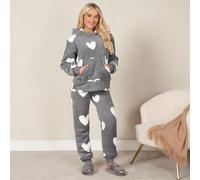 OHS Heart Sherpa Fleece Pyjama Set Soft PJ Top Jumper Joggers Warm in Charcoal | Size: Large OHS Charcoal L