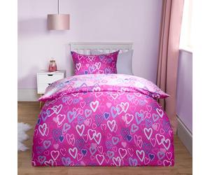 OHS Hearts Girls Single Duvet Cover Set, Super Soft Cosy Warm Microfibre Bedding Single Quilt Covers Reversible Stylish Kids Bedding Duvet Cover Sets with Pillowcase, Pink