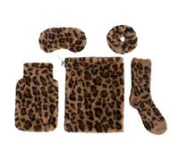 OHS Hot Water Bottle Gift Set Leopard Print Womens Gift Sets - 750ml Hot Water Bottle with Soft Faux Fur Cover, Eye Mask, Fluffy Socks, Fluffy Scrunchie, Draw String Bag - 5 Pc Set