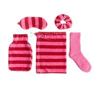OHS Hot Water Bottle Gift Set Pink Candy Stripe, Gift Set Women Soft Warm Cosy Winter Christmas Gifts - 750ml Hot Water Bottle with Cover, Eye Mask, Fluffy Socks, Fluffy Scrunchie, Draw String Bag