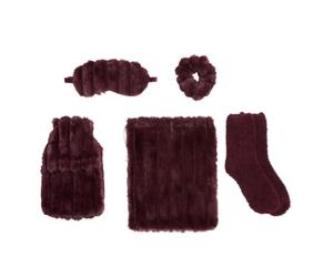 OHS Hot Water Bottle Set 5 Piece Ribbed Fluffy Womens Gift Sets, Burgundy | Cosy Gift Set Include 750ml Hot Water Bottle with Faux Fur Cover, Eye Mask, Fluffy Socks, Fluffy Scrunchie, Draw String Bag