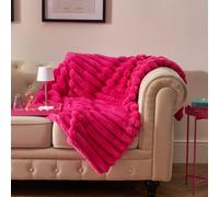 OHS Jumbo Faux Fur Fleece Throw Ribbed Fluffy Blanket in Bright Pink | Size: 120 cm x 150 cm OHS Bright Pink 120 cm x 150 cm