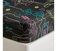 OHS Kids Bedroom Gaming Print Single Fitted Sheet Black, Easy Care Soft Microfibre Fabric Deep Pocket 25cm Gaming Bedding Bed Cover Shrinkage and Fade Resistant Boys Kids Fitted Sheet, 90 x 190cm