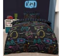 OHS Kids Double Duvet Set Gaming Bedding, Gaming Gifts for Boys Super Soft Warm Comfy Polycotton Boys Bedding Stylish Reversible Double Quilt Cover with Pillowcases, Black