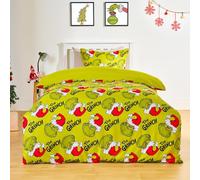 OHS Kids Double Duvet Set Girls Boys, Super Soft Warm Microfibre Christmas Bedding Fun Grinch Printed Cosy Comfy Duvet Cover Double with Pillowcases, Green