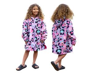 OHS Kids Dry Privacy Robe, Waterproof Changing Robe with Pockets Fleece Lining Girls Hooded Jacket for Beach Surfing Lounging - Lilac Leopard, Large