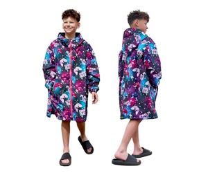OHS Kids Dry Robe, Oversized Kids Waterproof Jacket Fleece Lining Boys Girls Coat Changing Robe with Hood & Pockets Lightweight Wind Resistant Breathable Rain Coat for Outdoor, Purple Gaming - S/M