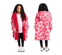 OHS Kids Dry Robe, Oversized Waterproof Changing Robe Lightweight Fleece Lining Girls Rain Coat with Hood & Pockets Breathable Waterproof Coat for Beach Surfing Outdoor, Pink/Red - Hearts, S/M