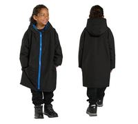 OHS Kids Dry Robe, Oversized Waterproof Jacket Lightweight Fleece Lining Changing Robe with Hood & Pockets Rain Coat Breathable Boys Girls Clothing for Beach Surfing Outdoor, Black/Blue - L/XL