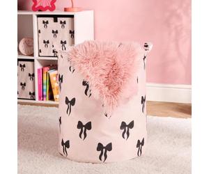 OHS Kids Laundry Basket Bow Print, Baby Washing Basket Folding Storage Hamper Freestanding Lightweight Childrens Clothes Laundry Toy Baskets for Kids with Handles, Monochrome