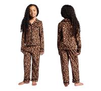 OHS Kids Pyjama Set Leopard Print Long Sleeve Girls Boys Pyjamas Button Down Winter Nightwear Children Sleepwear PJs Set for Girls Boys Teens Age 9-10, Natural