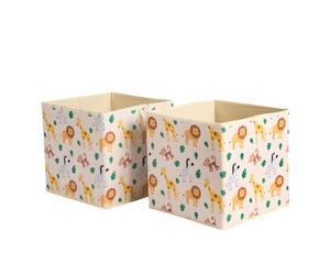 OHS Kids Storage Boxes 2 Pack, Safari Print Storage Cubes for Toys Games Clothing Space Saving Foldable Organiser Kids Cubes Storage Boxes, Beige