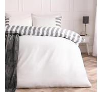 OHS King Size Duvet Cover Set, Super Soft Cosy Warm Microfibre Polyester Stripe Edge King Size Bedding Reversible Timeless Quilt Cover Set with Matching Pillowcases, White/Grey
