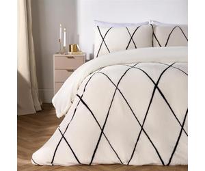 OHS King Size Teddy Fleece Duvet Set, Super Soft Winter Warm Luxurious Diamond Check Duvet Cover King Size Cosy Fluffy Thermal Teddy Bear Bedding with Pillowcases, Monochrome