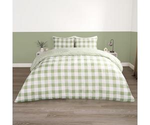 OHS King Sized Check Duvet Set with Pillowcases, Check Bedding Set Super Soft Microfibre Plaid Tartan Luxury Decorative Breathable Duvet, Sage Green & White