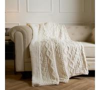 OHS Knitted Sherpa Blanket, Cable Knit Throws for Sofa Ultra Soft Teddy Fleece Warm Blanket for Bed Winter Thermal Blanket Living Room Bedroom - Cream, 130 x 160cm