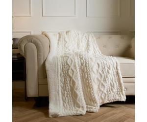 OHS Knitted Sherpa Blanket, Cable Knit Throws for Sofa Ultra Soft Teddy Fleece Warm Blanket for Bed Winter Thermal Blanket Living Room Bedroom - Cream, 130 x 160cm