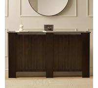 OHS Large Radiator Cover Ribbed, Modern Slatted Front MDF Cabinet Decorative Heater Cover with Top Shelf Radiator Covers for Living Room Bedroom Hallway, Dark Wood - 150 x 82 x 19cm