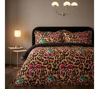 OHS Leopard Print Bow Coverless Duvet Double 10.5 Tog Quilt Bedding | Gifts for Women Soft Warm Microfibre Summer Duvet Comfy Lightweight Bedding with Pillowcases Travel Camping Blanket Washable
