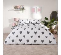 Dreamscene Love Heart Charcoal Grey Printed Reversible Duvet Set with Pillowcase Easy Care Quilt Bedding Set, Charcoal - Double