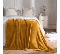 Dreamscene Fluffy Fleece Throw Blanket for Bed, Soft Cosy Warm Honeycomb Waffle Mustard Yellow Throw for Sofa King Size Blanket Lightweight Faux Fur Throws, 200 x 240cm