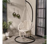 OHS Macrame Hanging Chair Outdoor Swing Garden Hammock Rope Tassels in Cream OHS Cream