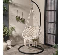 OHS Macrame Knotted Egg Chair, Swing Chair with Stand for Bedroom Patio Balcony Garden Furniture Hanging Chair Comfy Relaxing Garden Swing Chairs Outdoor Indoor Use, Cream