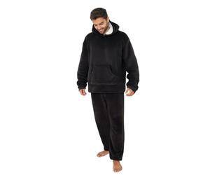 OHS Mens Pyjamas Set Sherpa Lined Two Piece Coral Fleece Pyjamas Women Men Hooded Bottoms Soft Warm Winter Fluffy Pjs Sleep Nightwear, S/M/L