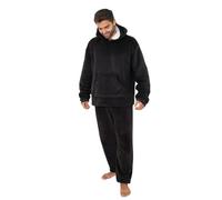 OHS Mens Pyjamas Set Sherpa Lined Two Piece Coral Fleece Pyjamas Women Men Hooded Top Elasticated Cuff Bottoms Soft Warm Winter Fluffy Pjs Sleep Nightwear, Black - Large