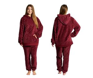 OHS Mens Pyjamas Set, Two Piece Waffle Fleece Pyjamas Women Hooded Top Elasticated Cuff Bottoms Soft Warm Winter Fleece Loungewear Women, Burgundy