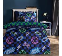 OHS Neon Checkerboard Boys Bedding Single Quilt Cover, Gaming Gifts for Boys Super Soft Cosy Warm Microfibre Kids Single Duvet Cover Set Reversible Checkerboard Kids Bedding with Pillowcase, Blue