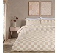 OHS Optical Checkerboard Duvet Set Double Duvet Cover, Stone | Soft Bedding Duvet Cover with 2 Pillowcases Fits Double Bed Machine Washable