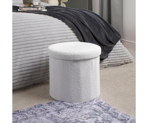 OHS Ottoman Storage Box Folding Footstool Space Saving Boucle Teddy, Round