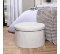 OHS Ottoman Storage Box Folding Footstool Space Saving Boucle, Xl Round - White