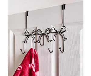 OHS Over Door Hanger, Cute Bow Shaped Over The Door Hooks with Rust Resistant 5 Hooks for Coats Hats Bags Clothes Towels Metal Coat Hook Space Saving for Bedroom Bathroom, Black