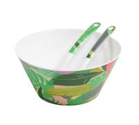OHS Palm Print Picnic Salad Bowl, Reusable Plastic Serving Bowl with Matching Spoon and Fork Utensil Set Large Plastic Bowls 3 Piece for Salad Pasta Snacks - Parties Picnic BBQ Birthdays, Green