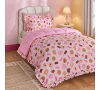 OHS Pink Biscuit Frill Edge Coverless Duvet Single Girls Bedding, 7.5 Tog | Reversible Single Duvet with Pillowcase Microfibre Coverless Quilt Kids Bedding All Season Sleepovers Travel Camping Blanket