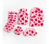 OHS Pink Hot Water Bottle Gift Set Heart Print, Christmas Gifts for Women Includes 750ml Hot Water Bottle with Soft Faux Fur Cover, Eye Mask, Fluffy Socks, Fluffy Scrunchie, Draw String Bag