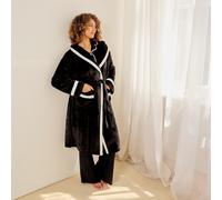 OHS Piped Edge Hooded Dressing Gown Flannel Fleece Sherpa Lined Robe in Black OHS Black One Size