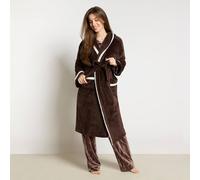 OHS Piped Edge Hooded Dressing Gown Flannel Fleece Sherpa Lined Robe in Chocolate OHS Chocolate One Size