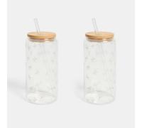 OHS Plastic Glass Tumblers Bow Print Glass Cups with Lids and Straws 2 Pack